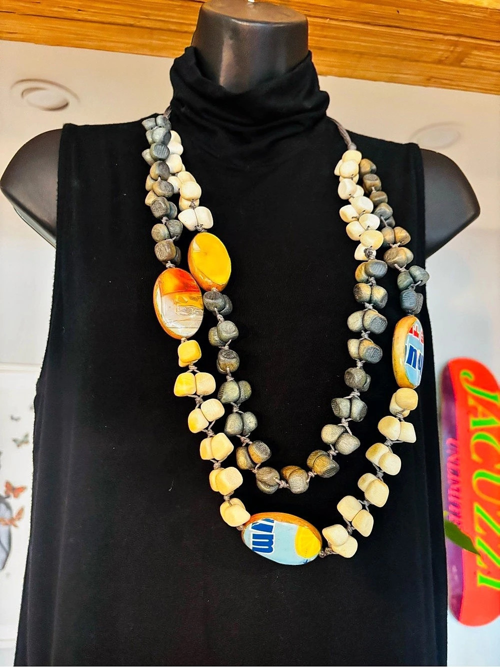 Stunning Boho Upcycled Statement Necklace – Eco-Friendly Resin & Wood Beads